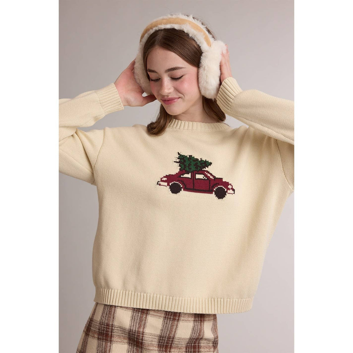 CHRISTMAS TREE CAR GRAPHIC KNIT SWEATER / WL26-14078
