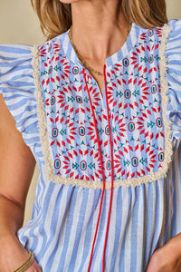 Thumbnail for Ariya Stripe Geo Pattern Embroidered Tassel Flutter Blouse