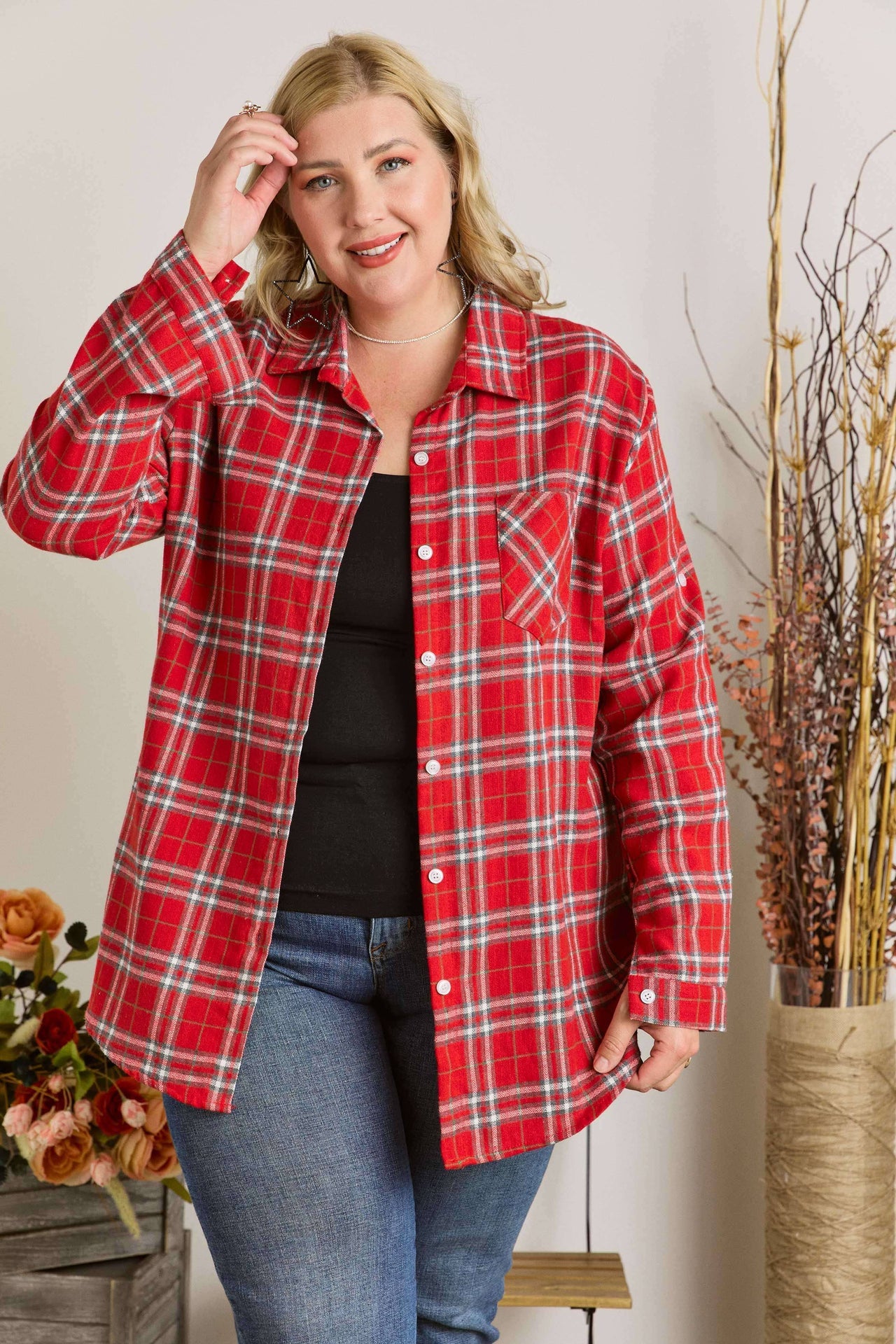 PLUS BUTTON DOWN FLANNEL SHIRTS: RED