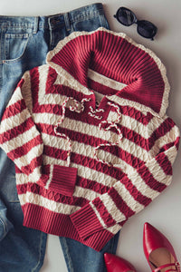 Thumbnail for Lace-Up Cable Knit Striped Sweater Top