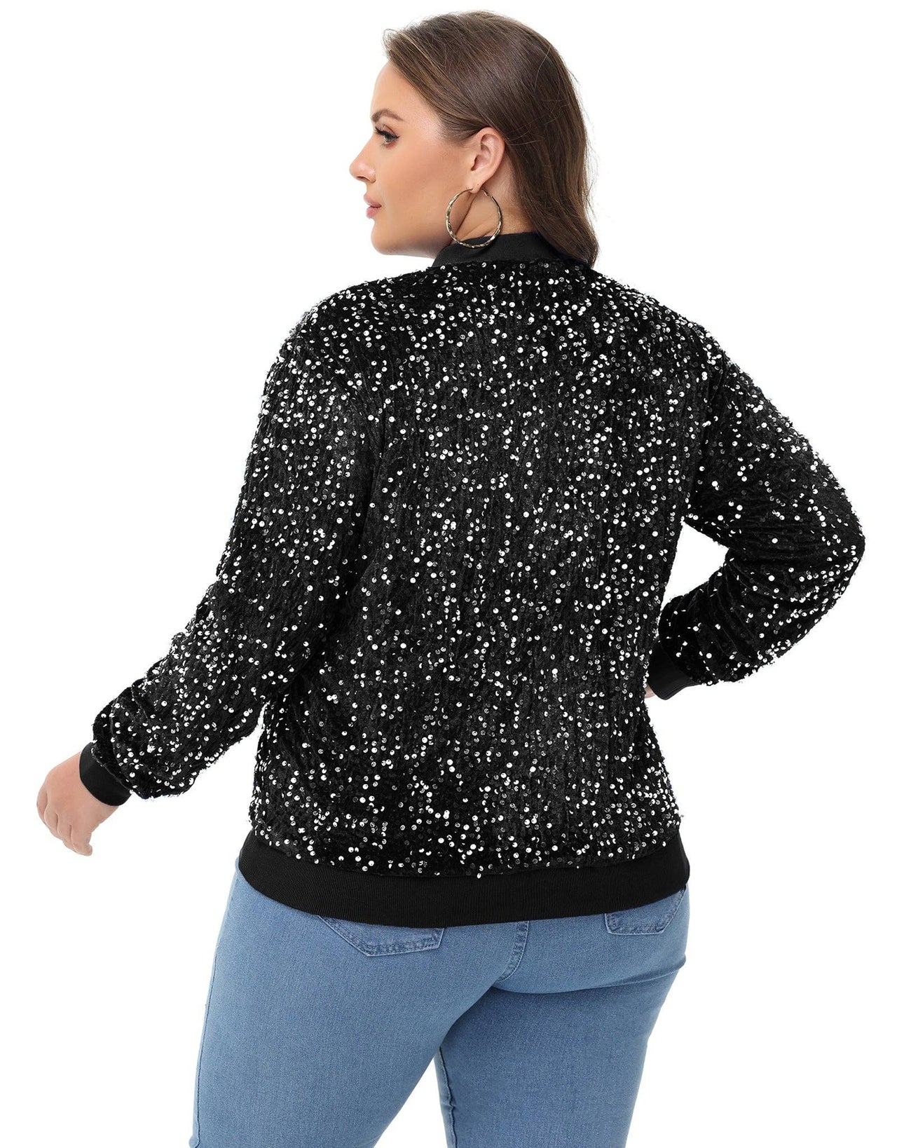 Plus Size Sequin Jacket Sparkly Zip Bomber Coat With Pockets