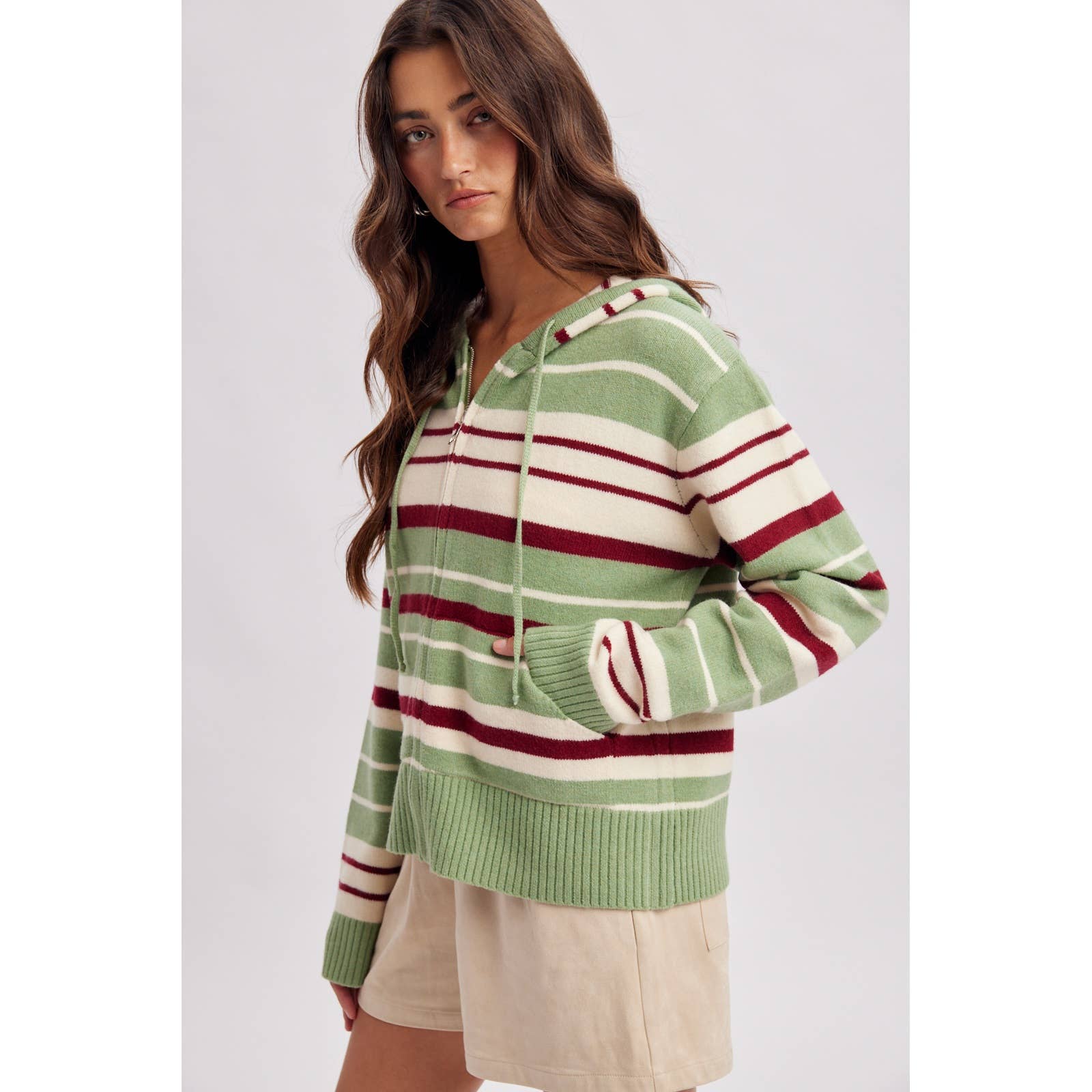 STRIPED ZIP UP SWEATER HOODIE / WL26-13257