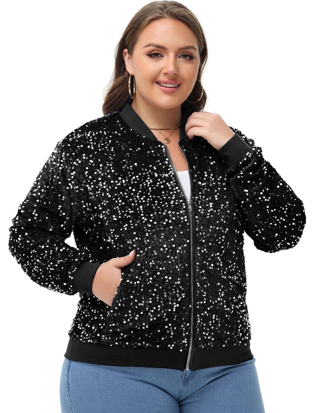 Plus Size Sequin Jacket Sparkly Zip Bomber Coat With Pockets