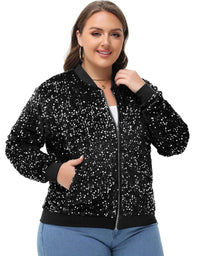 Thumbnail for Plus Size Sequin Jacket Sparkly Zip Bomber Coat With Pockets