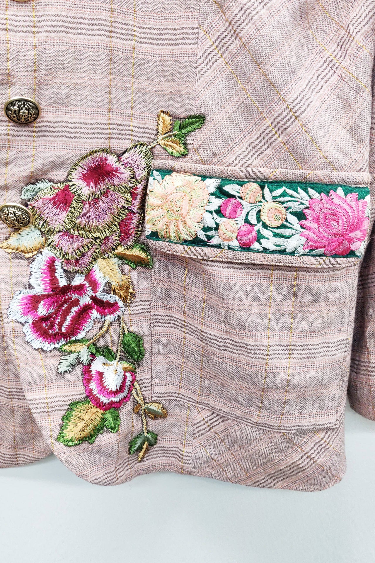 Pink Ash Washed Button-Up Blazer with Embroidered Patches and Velvet Elbow Details