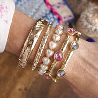 Thumbnail for Sweetheart Shine – Gold Stretchy Bangle with Pearl Hearts