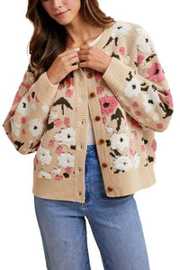 Thumbnail for Boucle Flower Pattern Sweater Cardigan