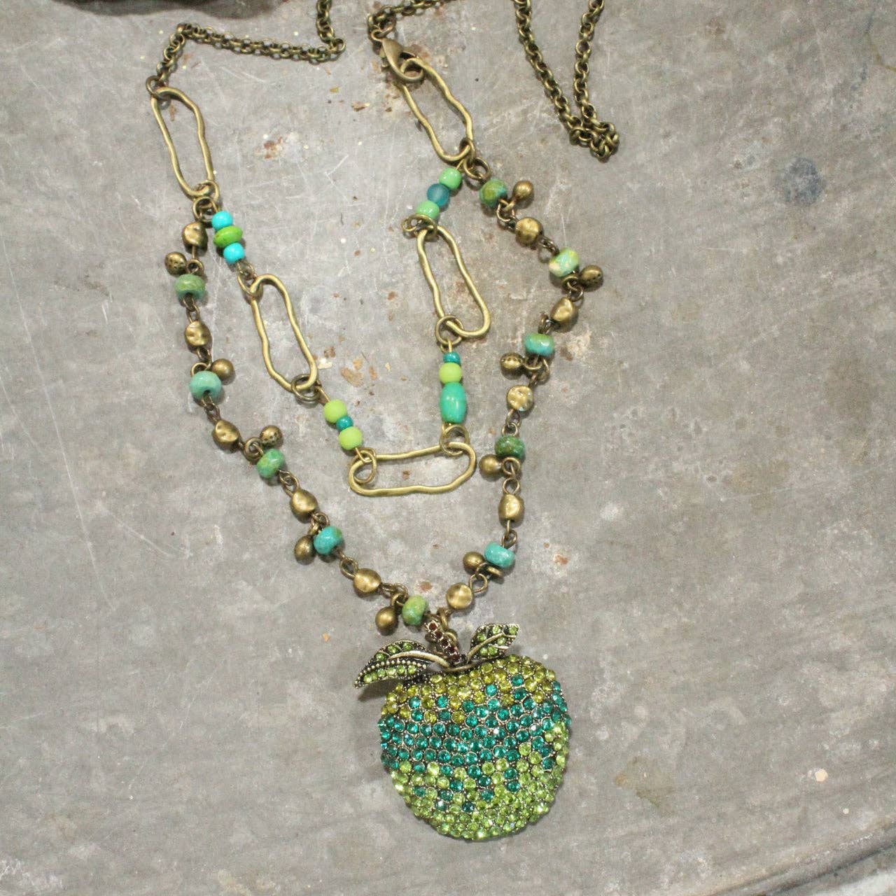 A Green Apple A Day Layered Rhinestone Necklace