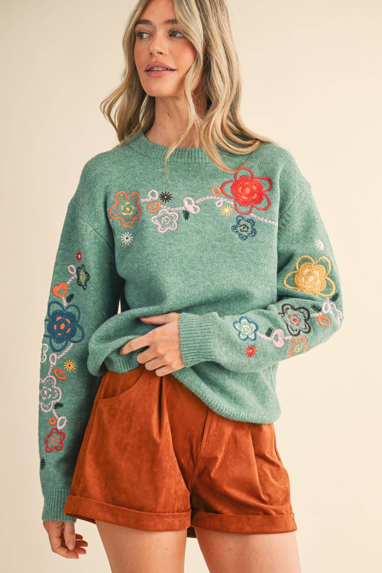 FLORAL EMBROIDERY PULLOVER SWEATER MSW10963