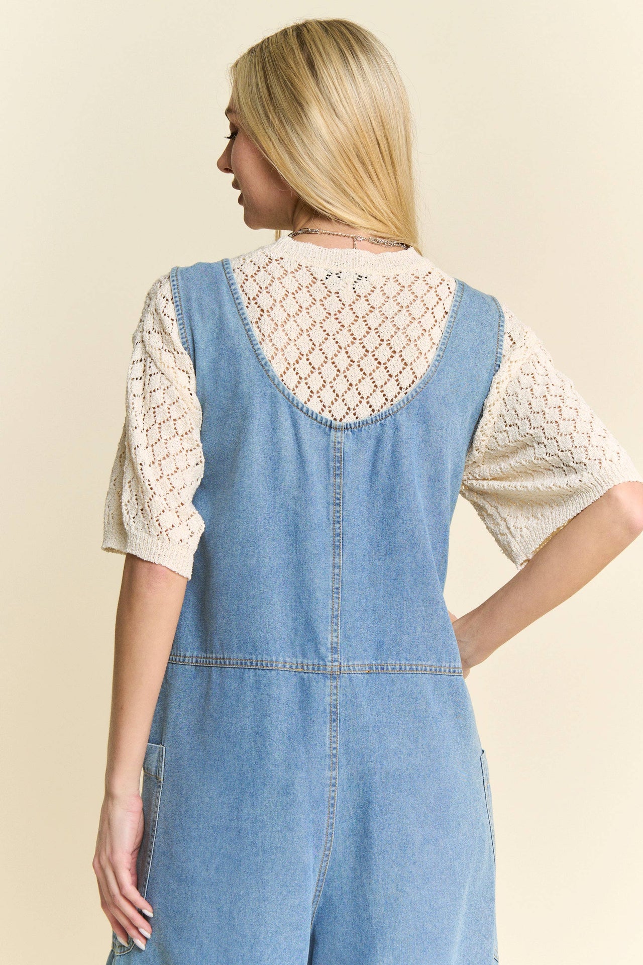 WASHED SOFT DENIM BOW TIE ZIPPER FRONT JUMPSUIT