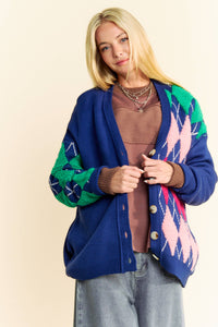 Thumbnail for PLUSH ARGYLE BUTTON FRONT LOOSE FIT KNIT CARDIGAN