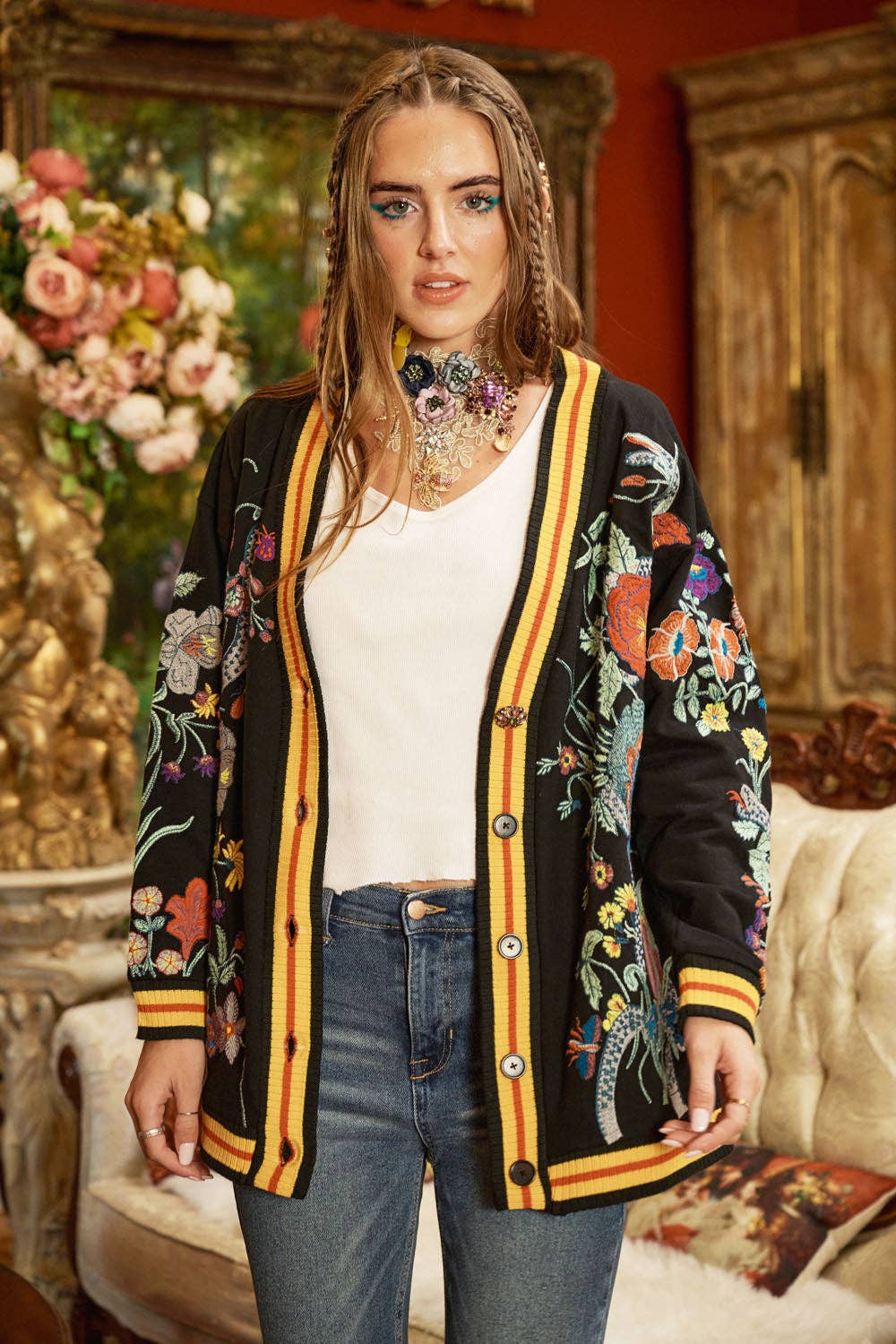 Hermione French Terry Cardigan | Floral Embroidered Jacket