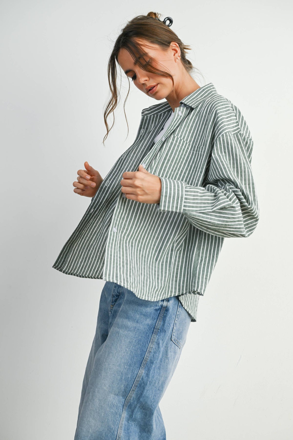 Cropped Striped Button-Up Collared Long Sleeve Top - BMT7915