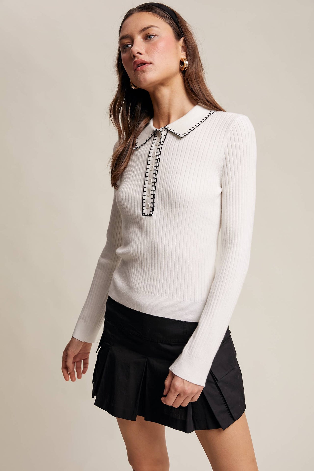 Contrast Stitch Ribbed Knit Top Black and Soft Cream