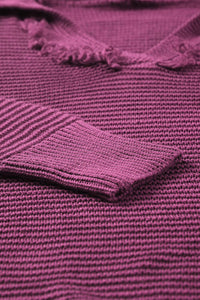 Thumbnail for Plum V Neck Ribbed Drop Shoulder Hooded Sweater