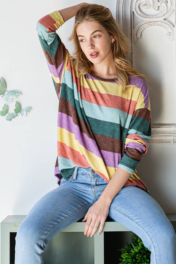 Multi-color Stripe Top with a Roundneck and Slits