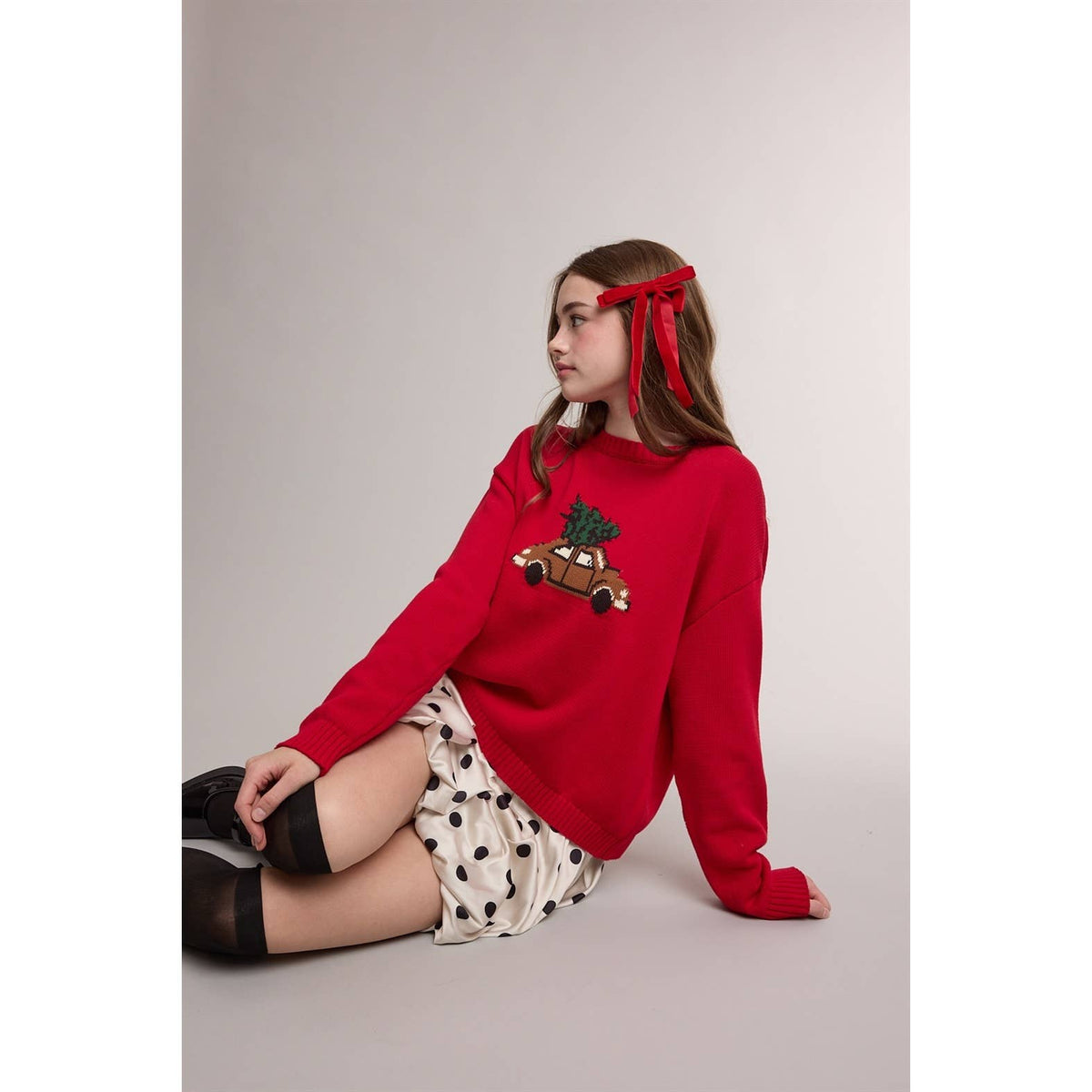 CHRISTMAS TREE CAR GRAPHIC KNIT SWEATER / WL26-14078