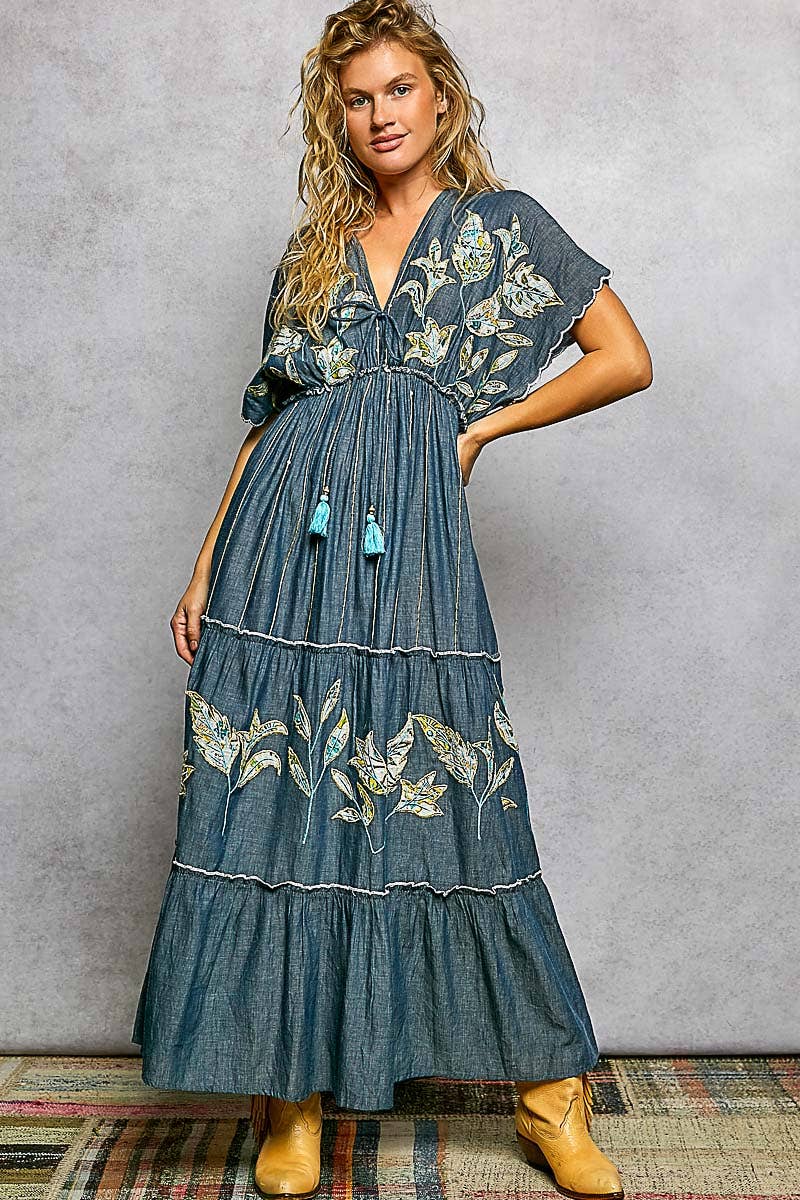 The Paloma Embroidered Denim Maxi Dress