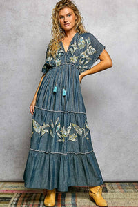 Thumbnail for Embroidery Ruffle Neck Loop Cotton Denim V-neck Long Dress
