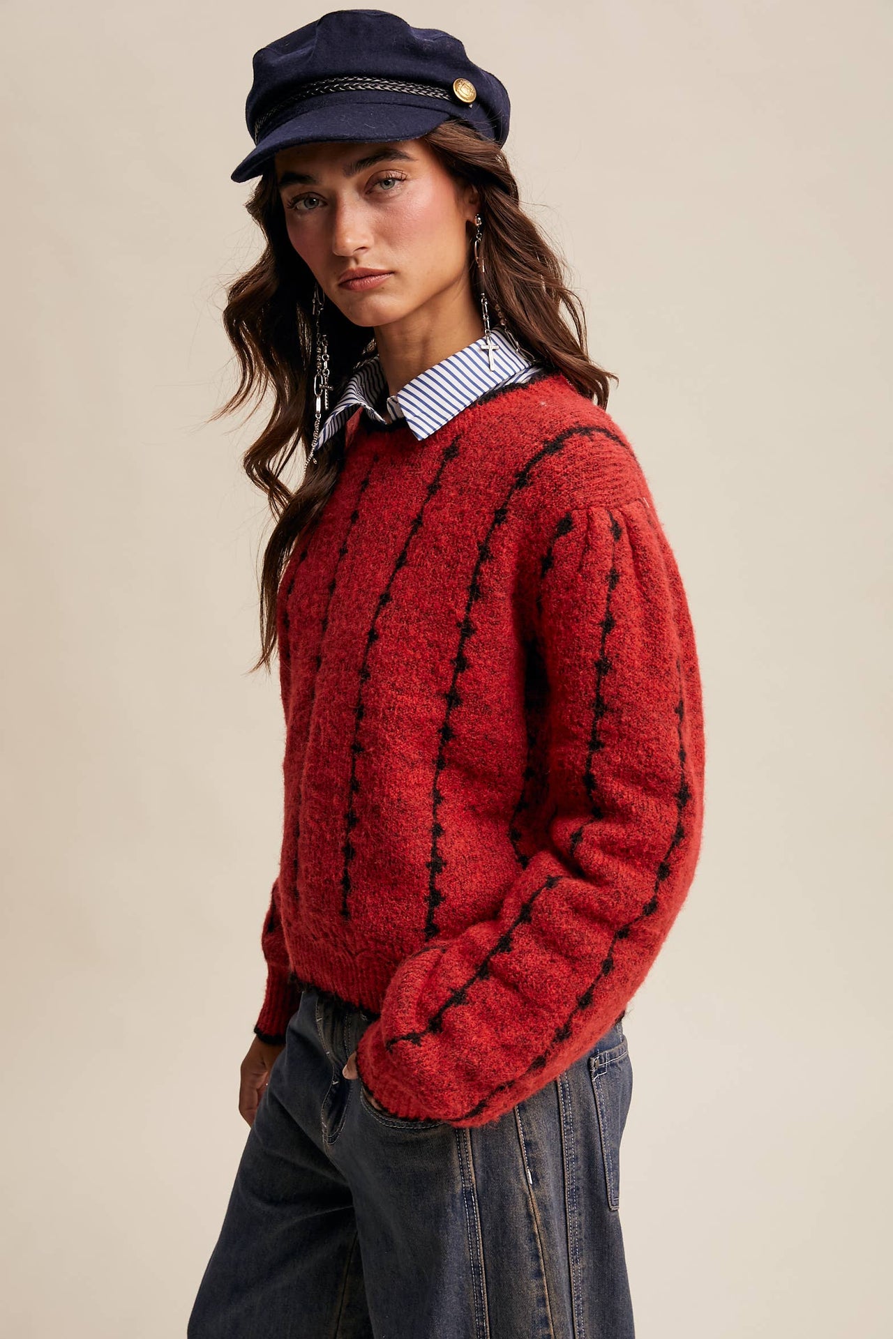 Textured Jacquard Knit Crew Sweater