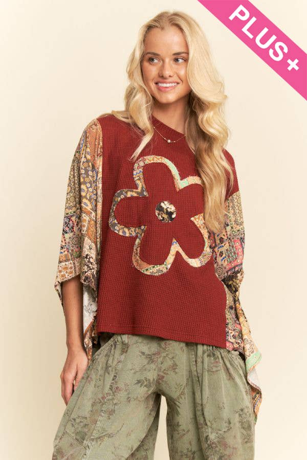 PLUS BOHO PATCHWORK KNIT TOP WITH FLOWER
