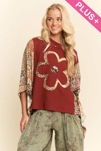 Thumbnail for PLUS BOHO PATCHWORK KNIT TOP WITH FLOWER