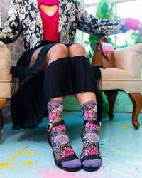 Thumbnail for Skulls & Roses Black Sheer Crew Sock