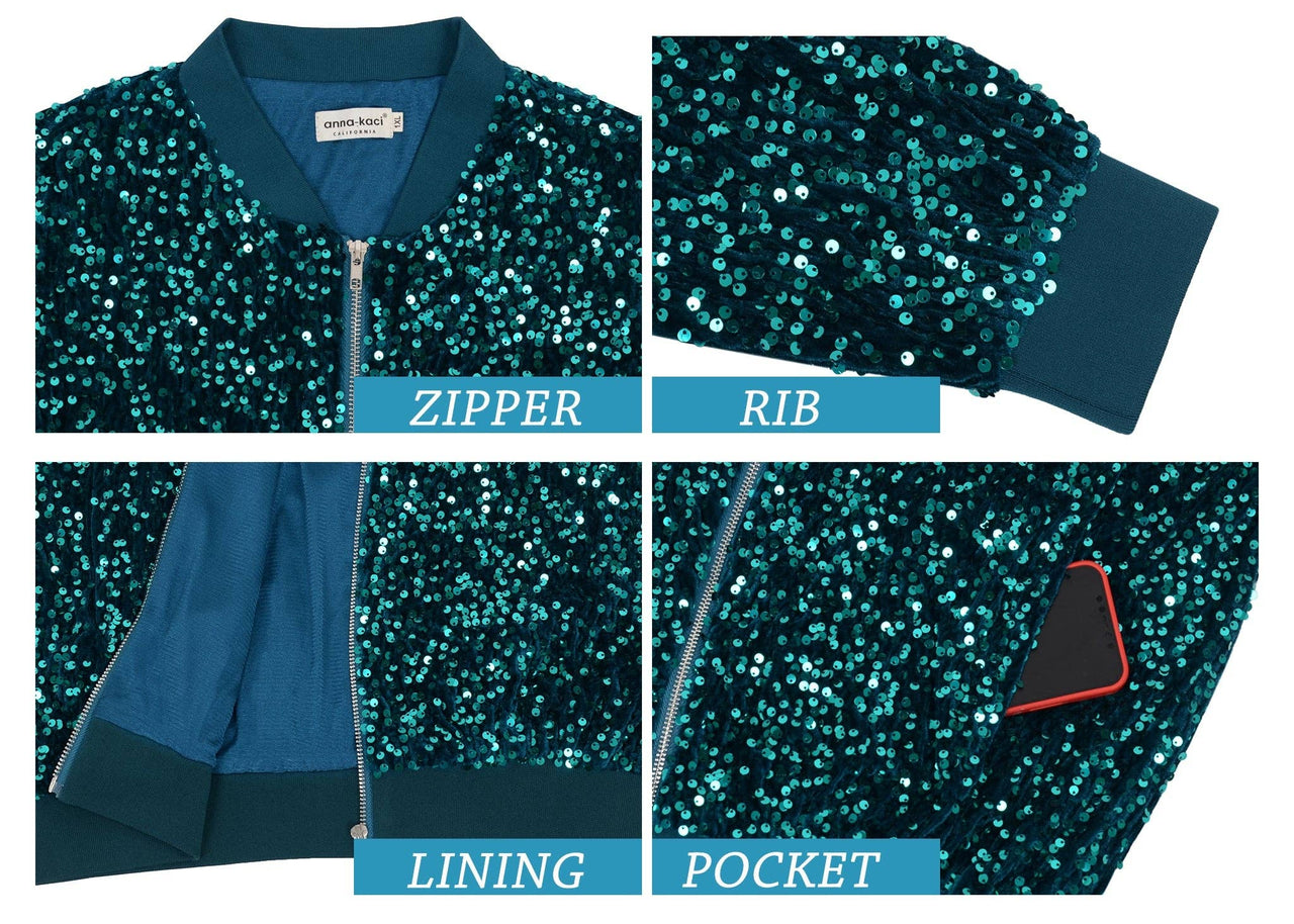 Plus Size Sequin Jacket Sparkly Zip Bomber Coat With Pockets