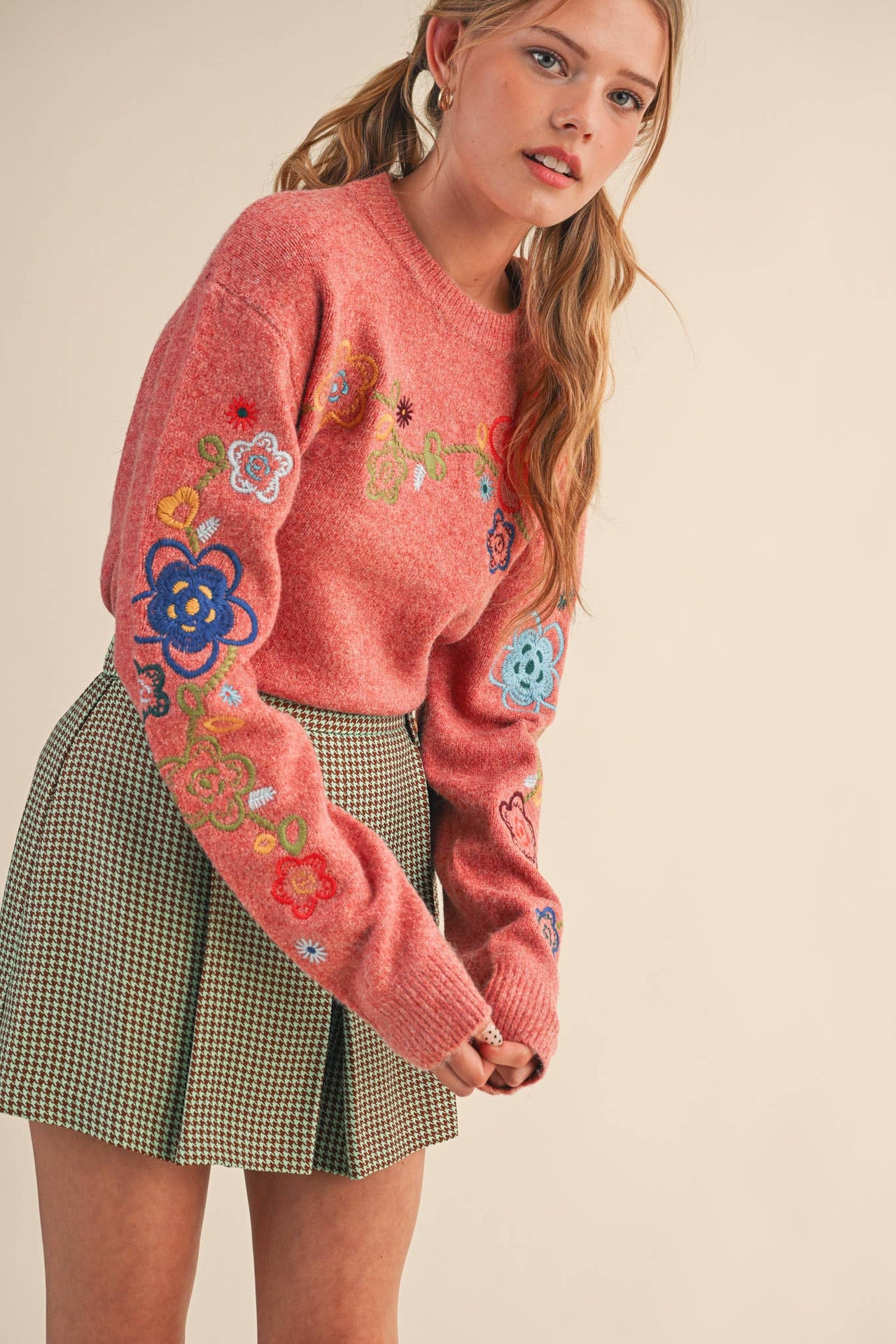 FLORAL EMBROIDERY PULLOVER SWEATER MSW10963