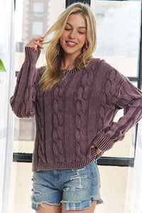 Thumbnail for PLUM MINERAL WASHED CABLE KNIT SWEATER TOP