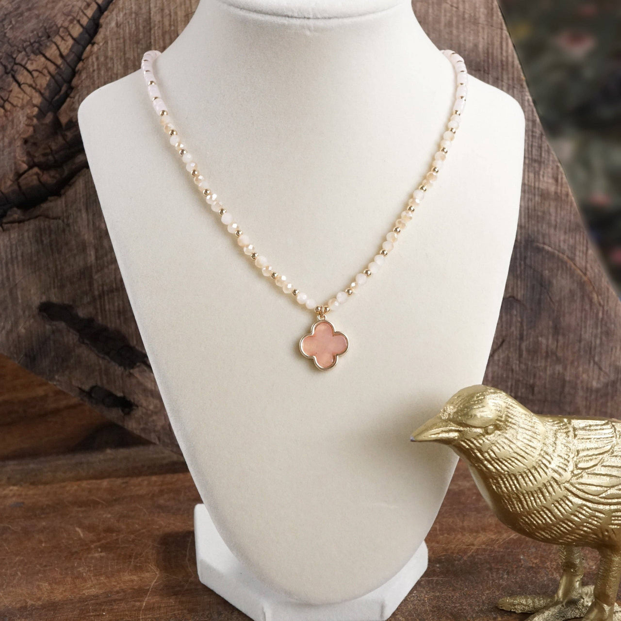 Short Beaded Clover Pendant Necklace with Semi-Precious Stone Beads