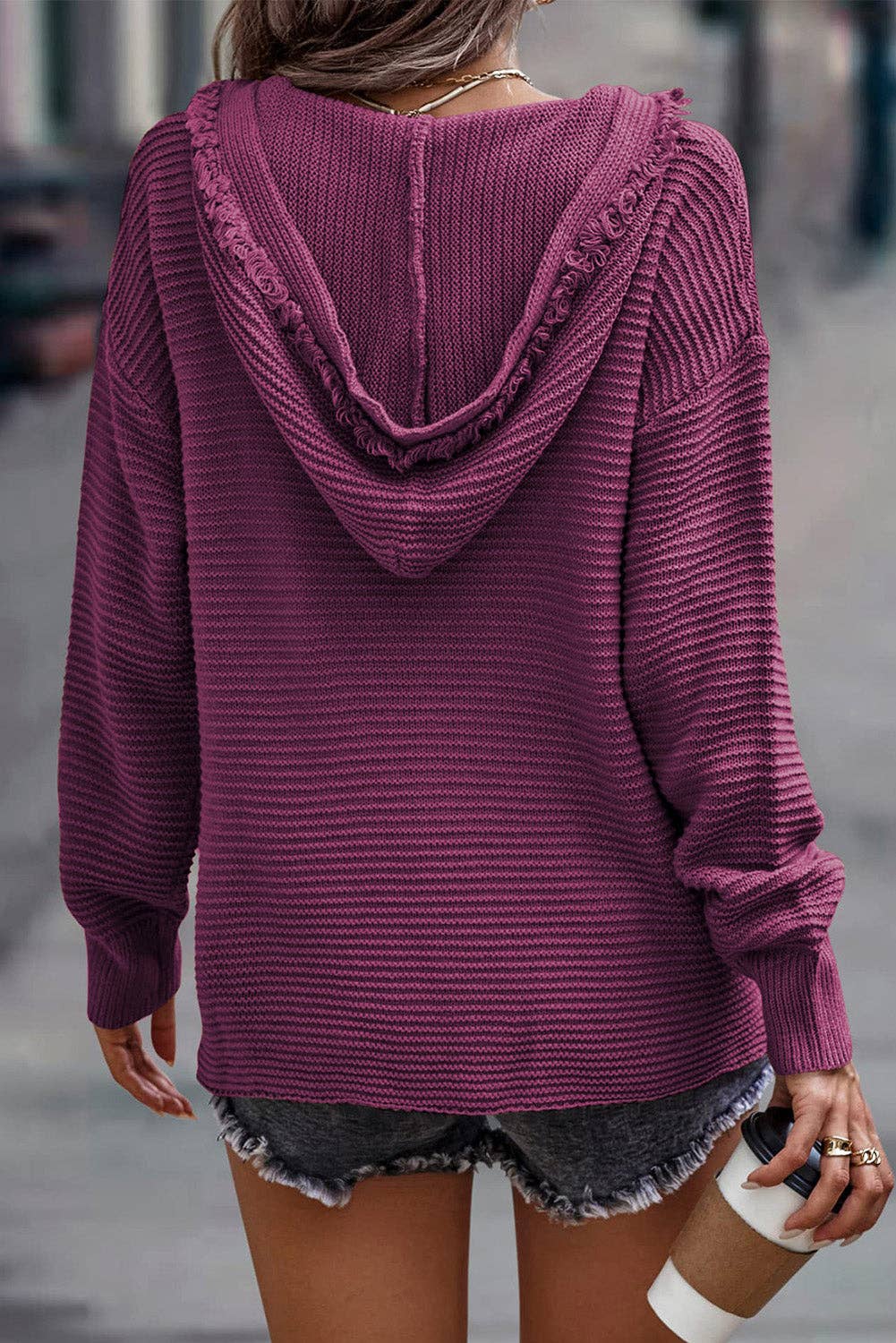 Plum V Neck Ribbed Drop Shoulder Hooded Sweater