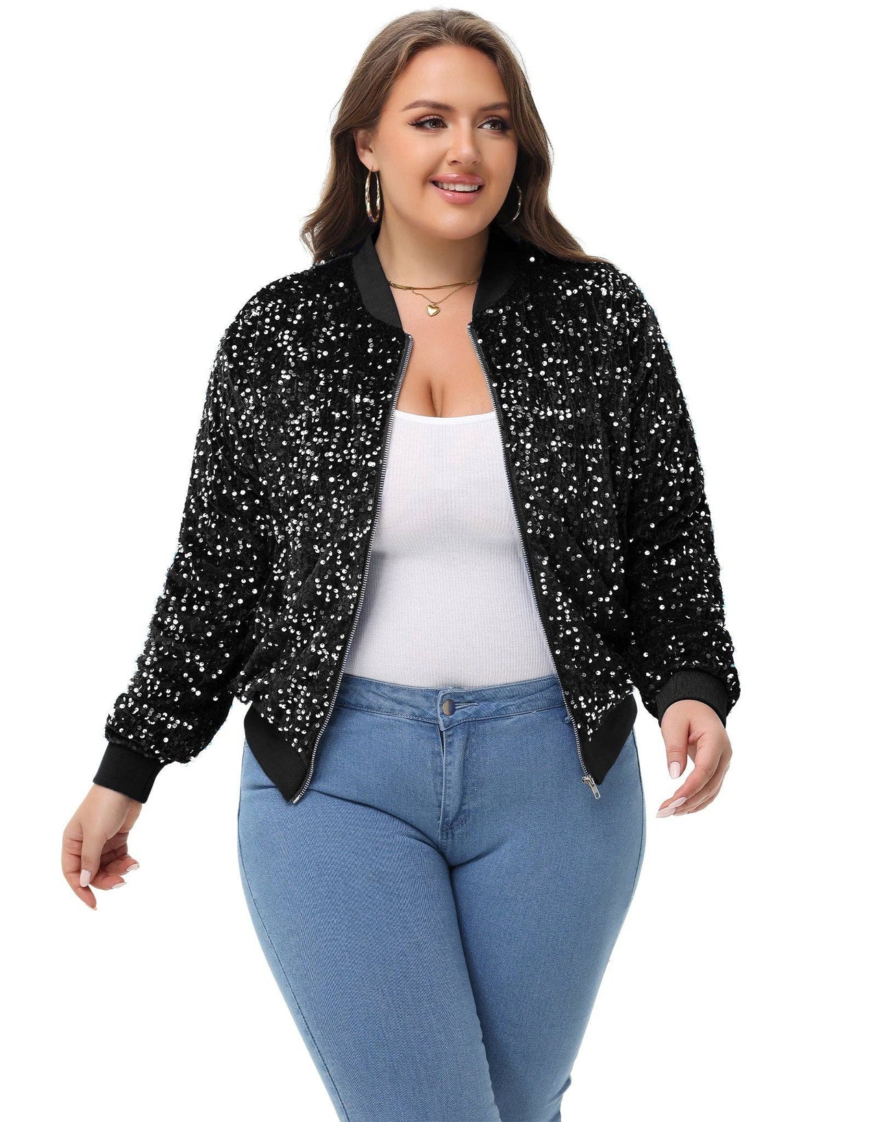 Plus Size Sequin Jacket Sparkly Zip Bomber Coat With Pockets