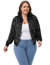 Thumbnail for Plus Size Sequin Jacket Sparkly Zip Bomber Coat With Pockets