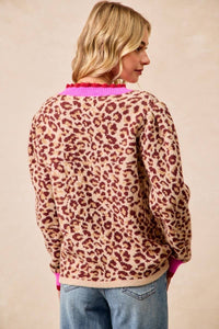 Thumbnail for Leopard Artwork Pullover Sweater Top Contrast Edge