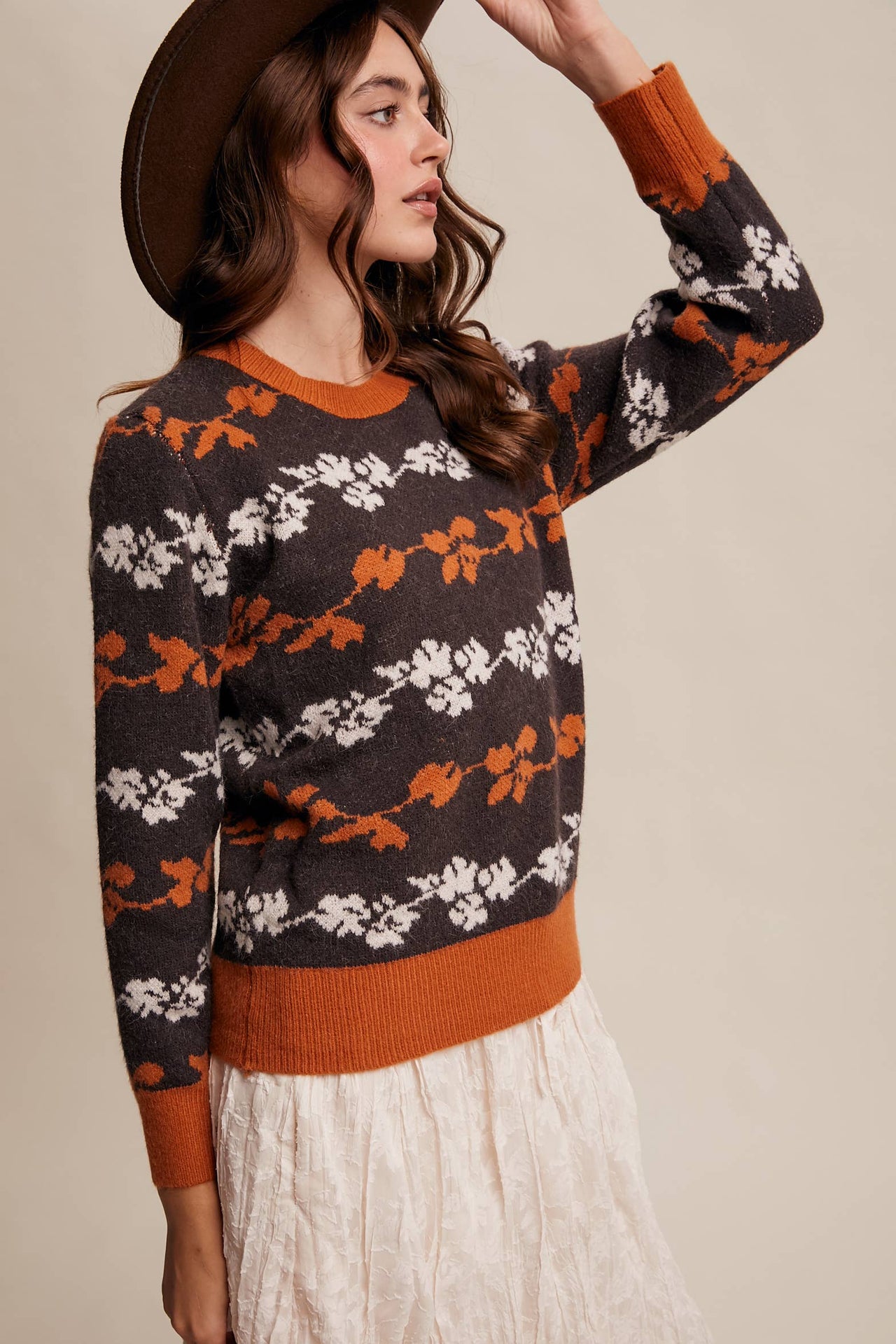 Floral Jacquard Knit Muted Rose Pullover Sweater