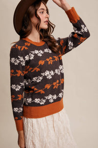 Thumbnail for Floral Jacquard Knit Muted Rose Pullover Sweater