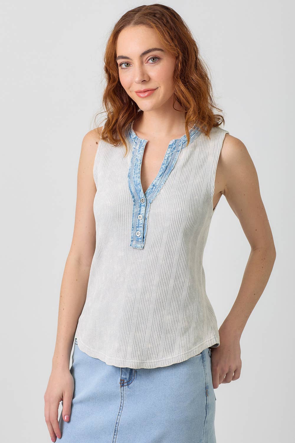 Washed Sleeveless Henley TankTop