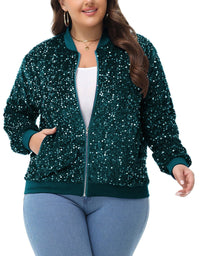 Thumbnail for Plus Size Sequin Jacket Sparkly Zip Bomber Coat With Pockets