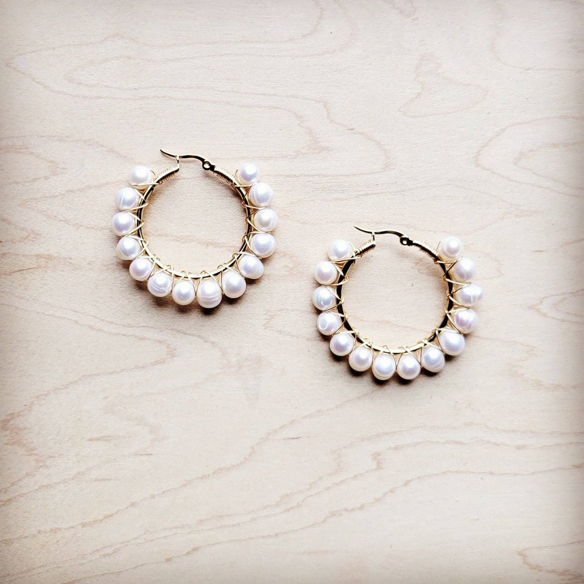 **Wire Wrapped Freshwater Pearl Beaded Hoop Earrings 221b