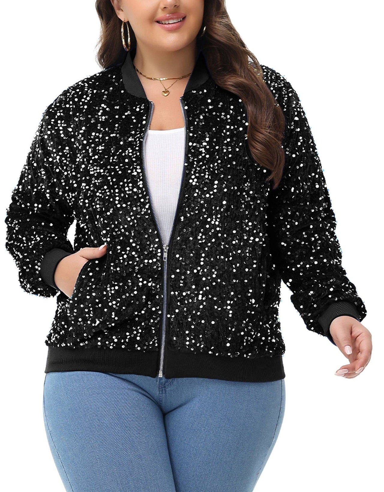 Plus Size Sequin Jacket Sparkly Zip Bomber Coat With Pockets
