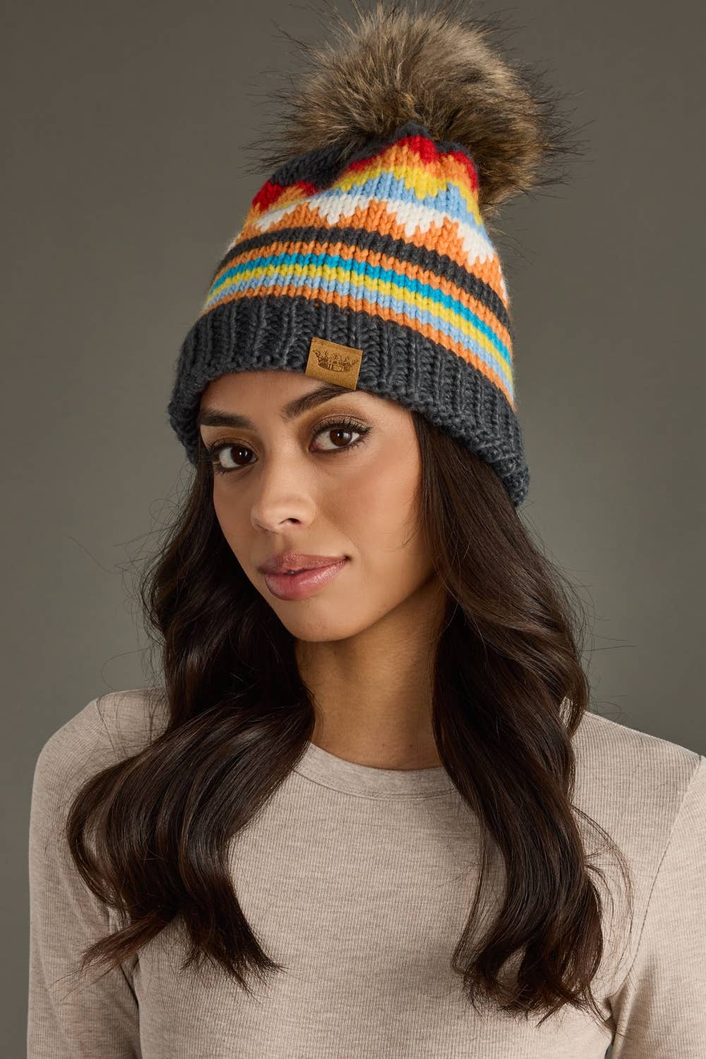 Black & Colorful Patterned Pom Hat
