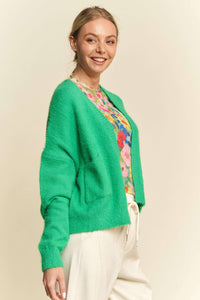 Thumbnail for Spring Green Loose-Fit Knit Cardigan with Patch Pockets and Dropped Shoulders