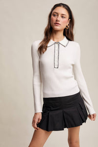 Thumbnail for Contrast Stitch Ribbed Knit Top Black and Soft Cream