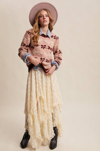 Thumbnail for Floral Jacquard Knit Muted Rose Pullover Sweater