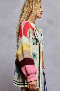 Thumbnail for Balloon sleeve crochet patch open cardigan