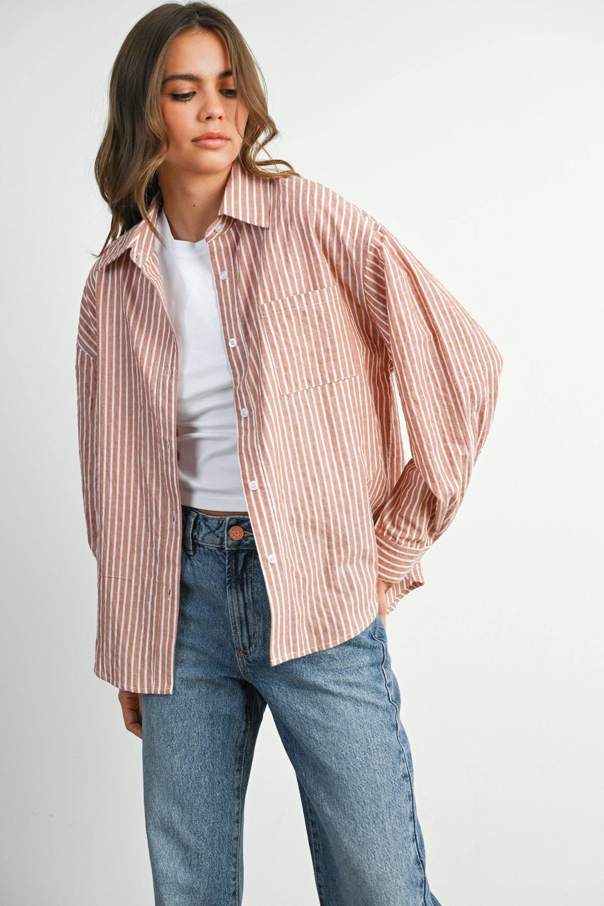Cropped Striped Button-Up Collared Long Sleeve Top - BMT7915