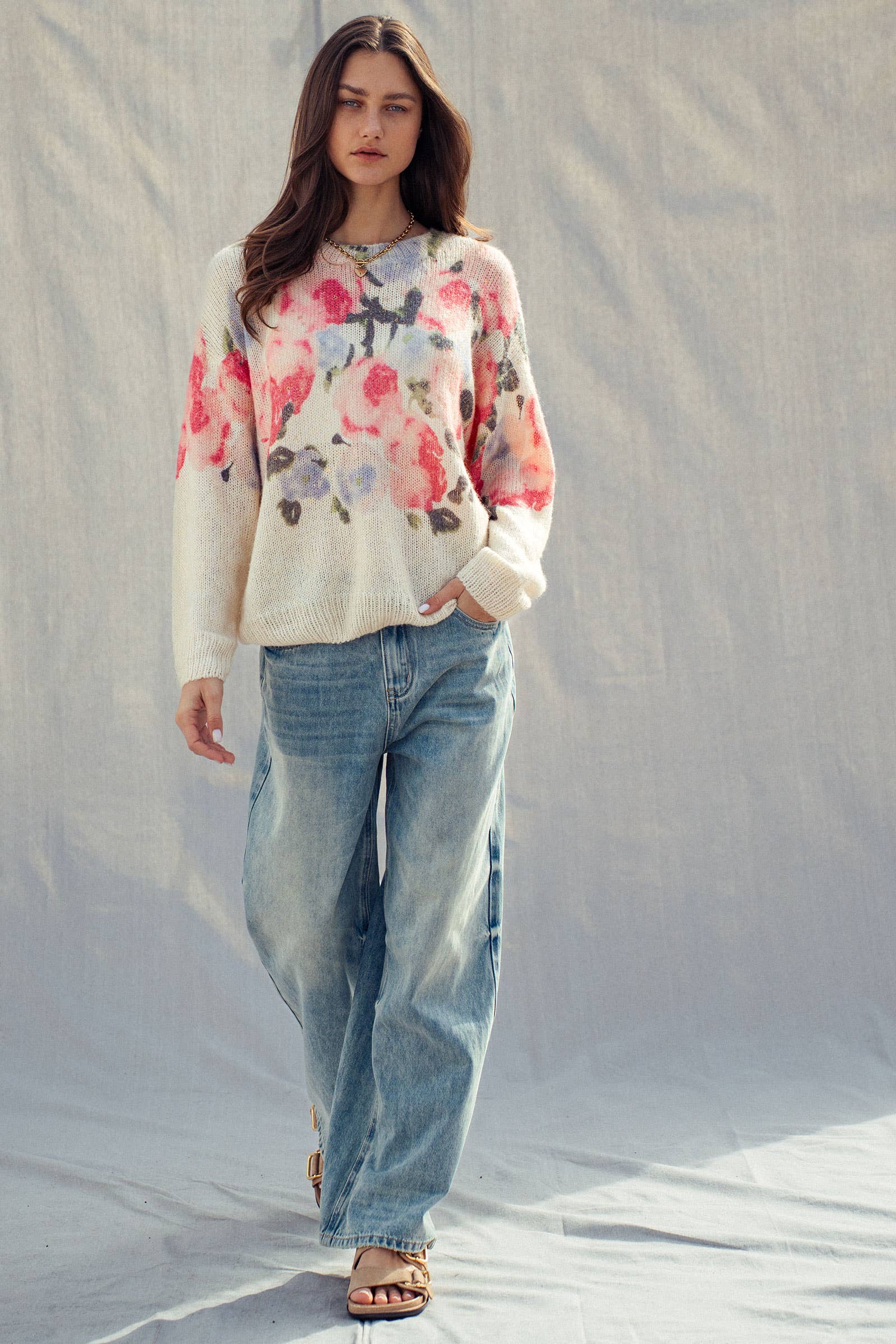 The Rosalie Floral Knit Sweater | Cream & Pink
