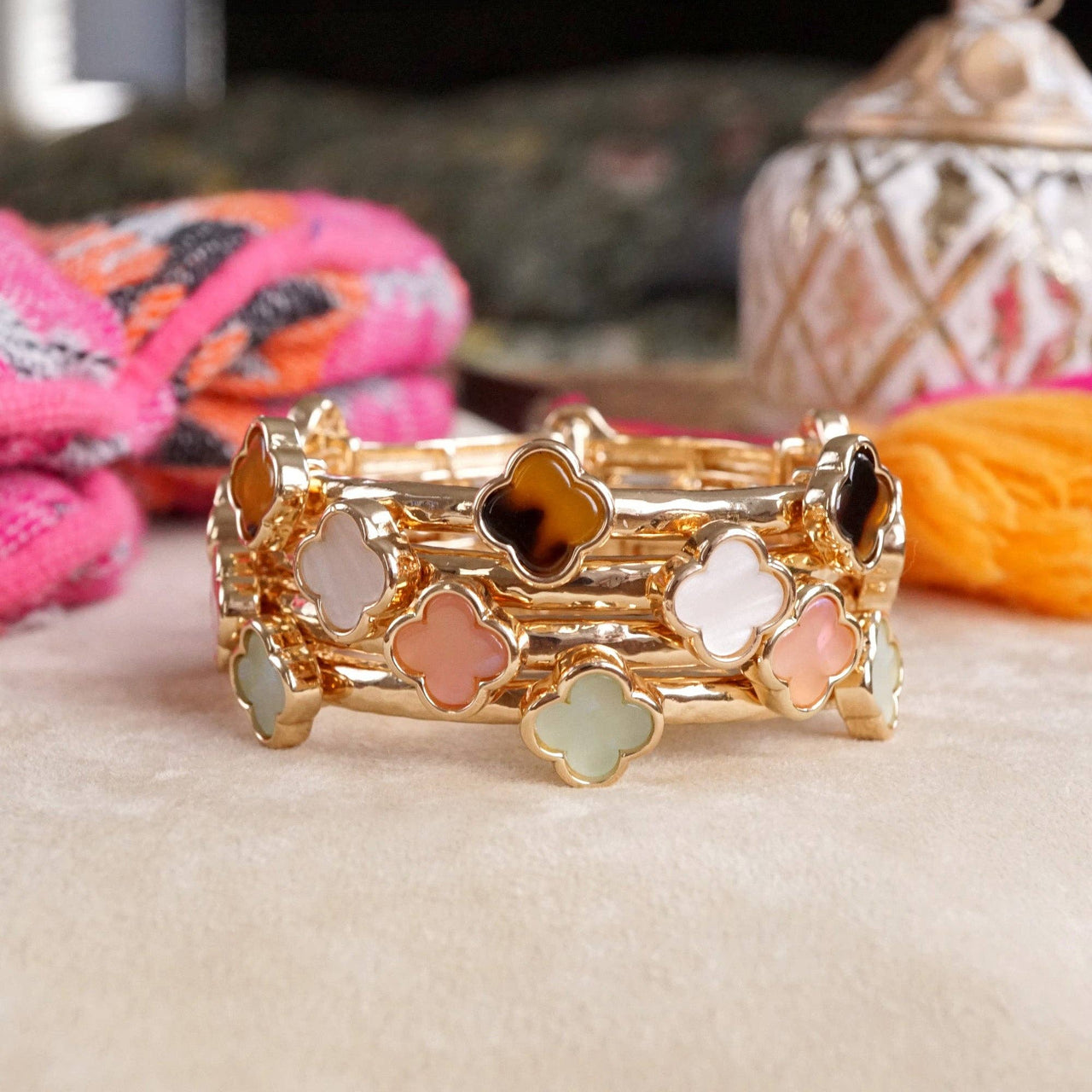 Clover Stretchy Bangle Bracelet – White, Pink, Mint, Tortoise