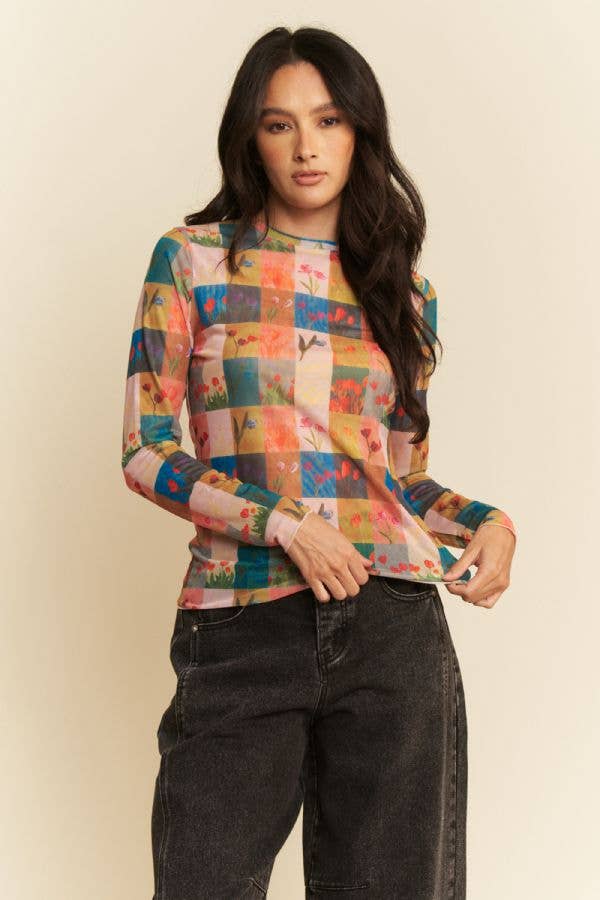 MULTI CHECKER FLORAL PRINTED LONG SLEEVE MESH TOP